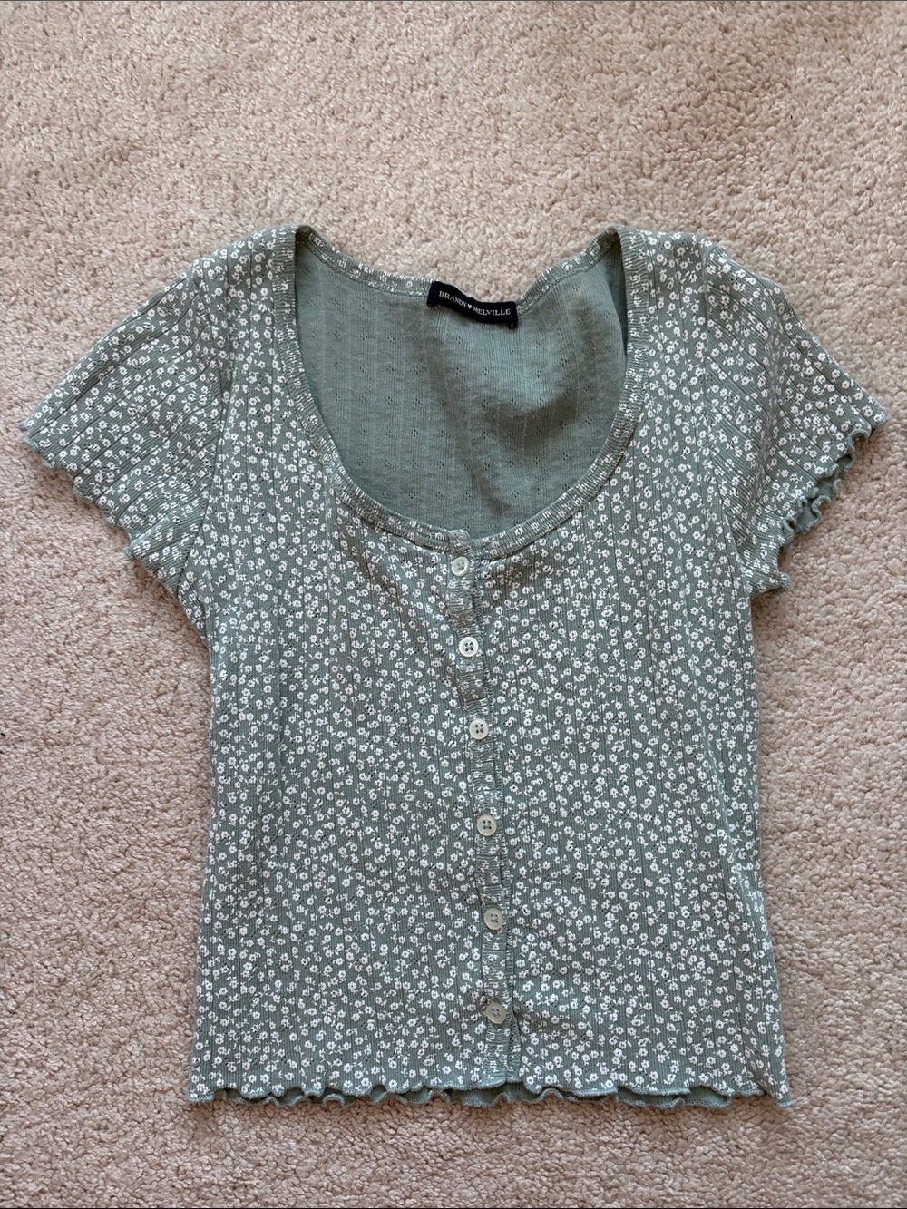 Brandy Melville Olivia Moon Sage Green Floral Button-Front Top
